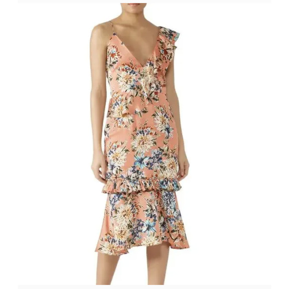 Vone Dress Womens 2 Pink Floral One-Shoulder Ruffle Midi Asymmetric Tiered - Picture 1 of 13